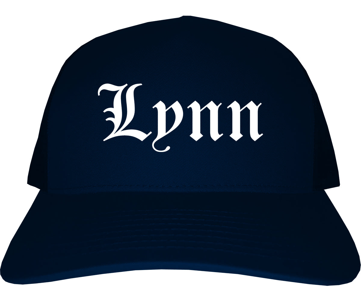 Lynn Massachusetts MA Old English Mens Trucker Hat Cap Navy Blue
