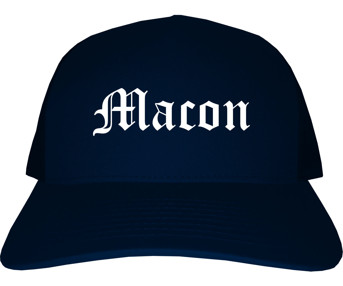 Macon Missouri MO Old English Mens Trucker Hat Cap Navy Blue