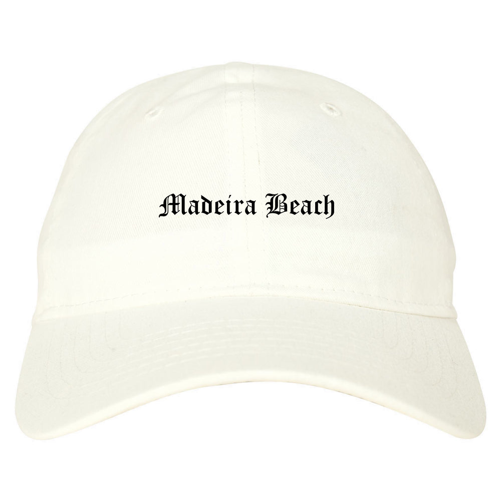Madeira Beach Florida FL Old English Mens Dad Hat Baseball Cap White