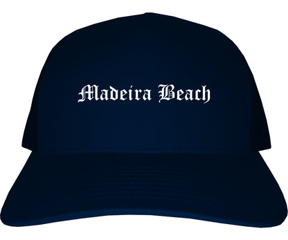 Madeira Beach Florida FL Old English Mens Trucker Hat Cap Navy Blue