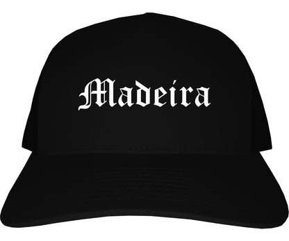 Madeira Ohio OH Old English Mens Trucker Hat Cap Black