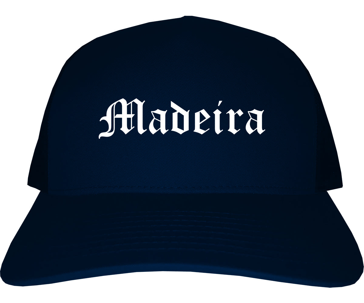 Madeira Ohio OH Old English Mens Trucker Hat Cap Navy Blue