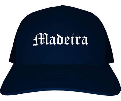 Madeira Ohio OH Old English Mens Trucker Hat Cap Navy Blue