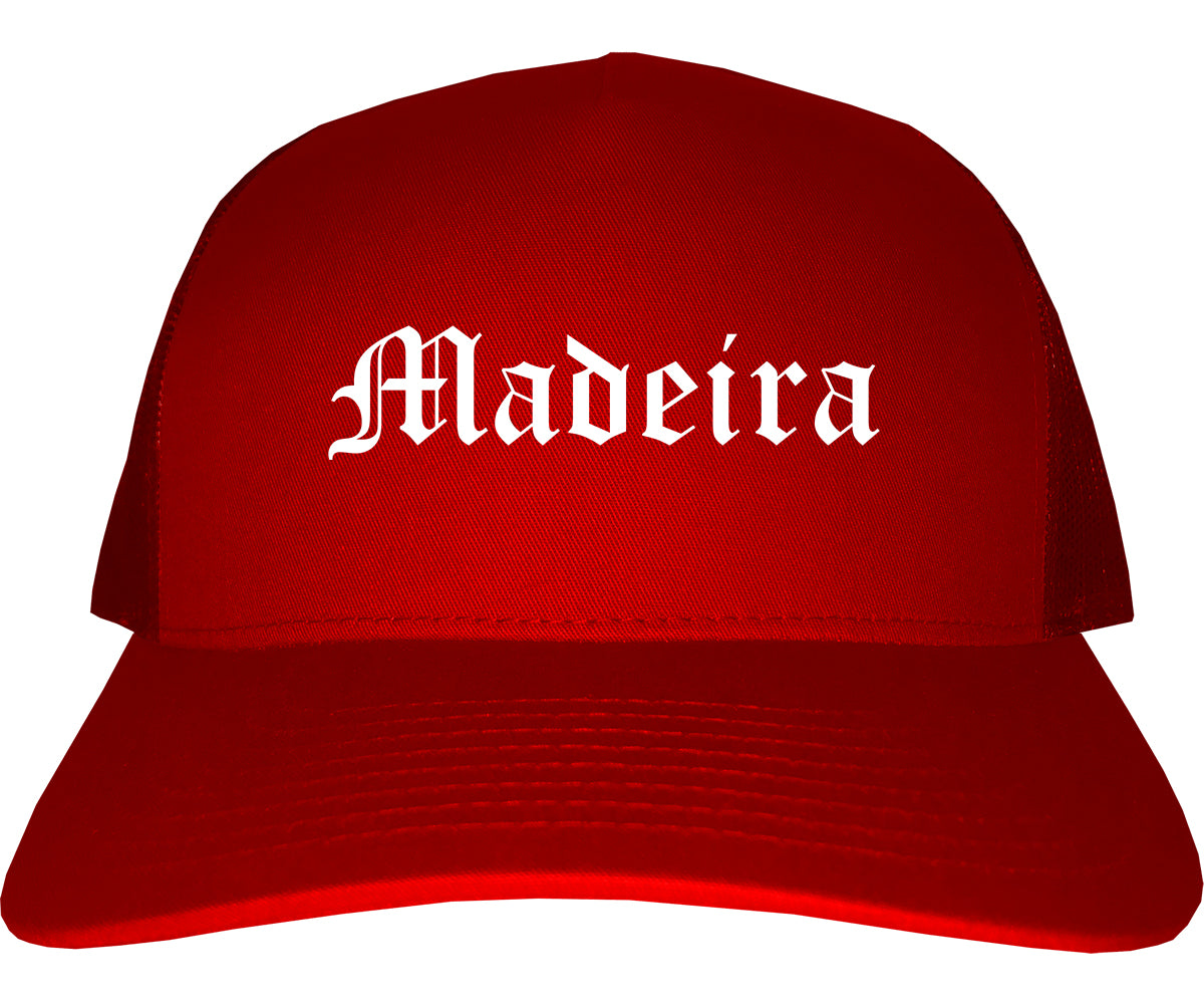 Madeira Ohio OH Old English Mens Trucker Hat Cap Red