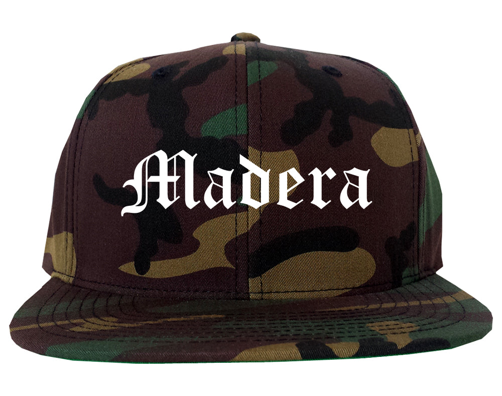 Madera California CA Old English Mens Snapback Hat Army Camo