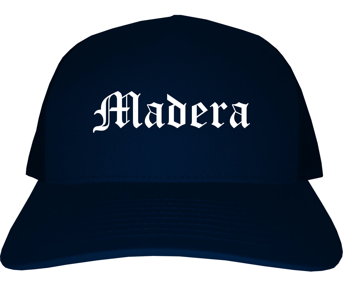 Madera California CA Old English Mens Trucker Hat Cap Navy Blue