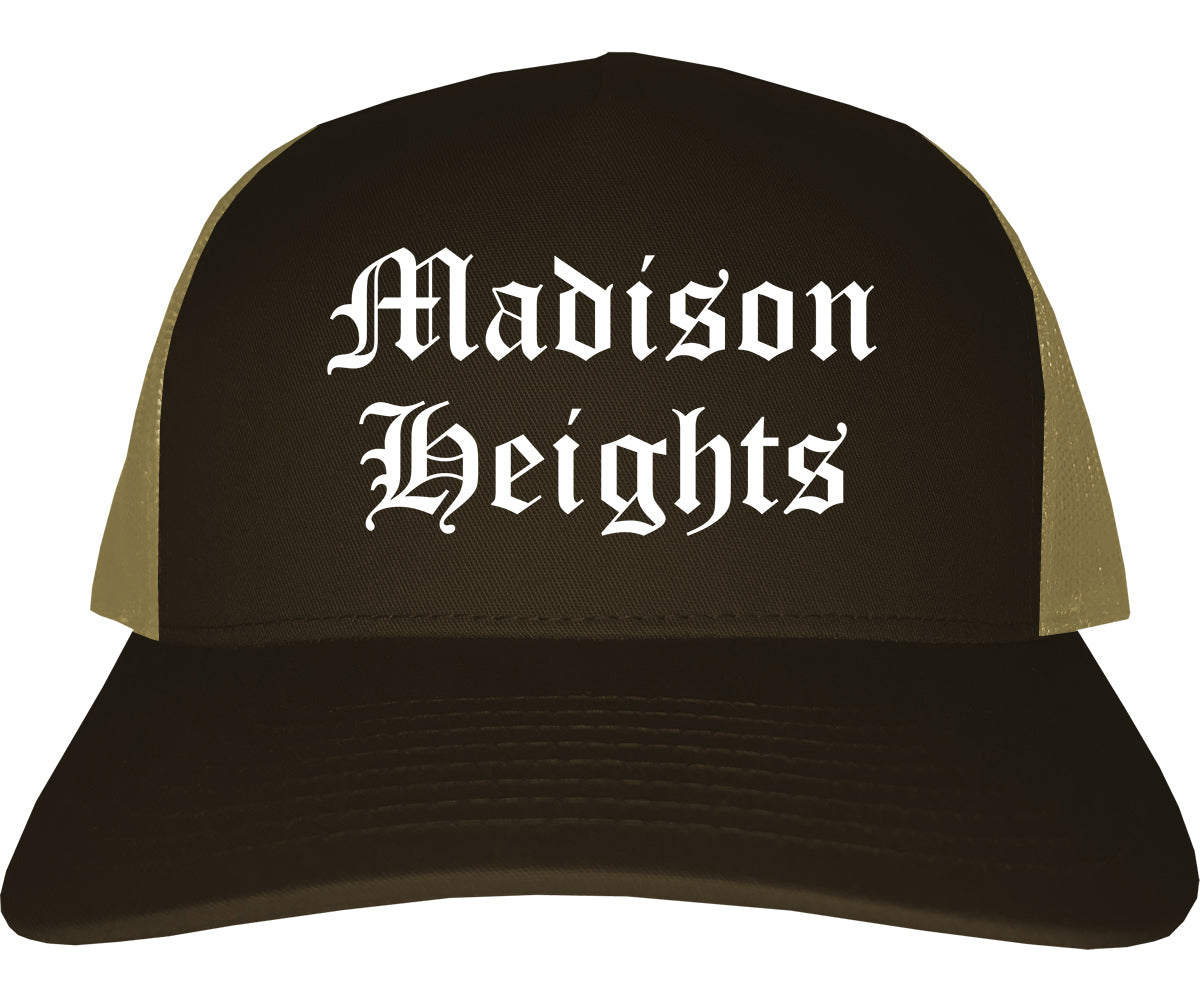 Madison Heights Michigan MI Old English Mens Trucker Hat Cap Brown