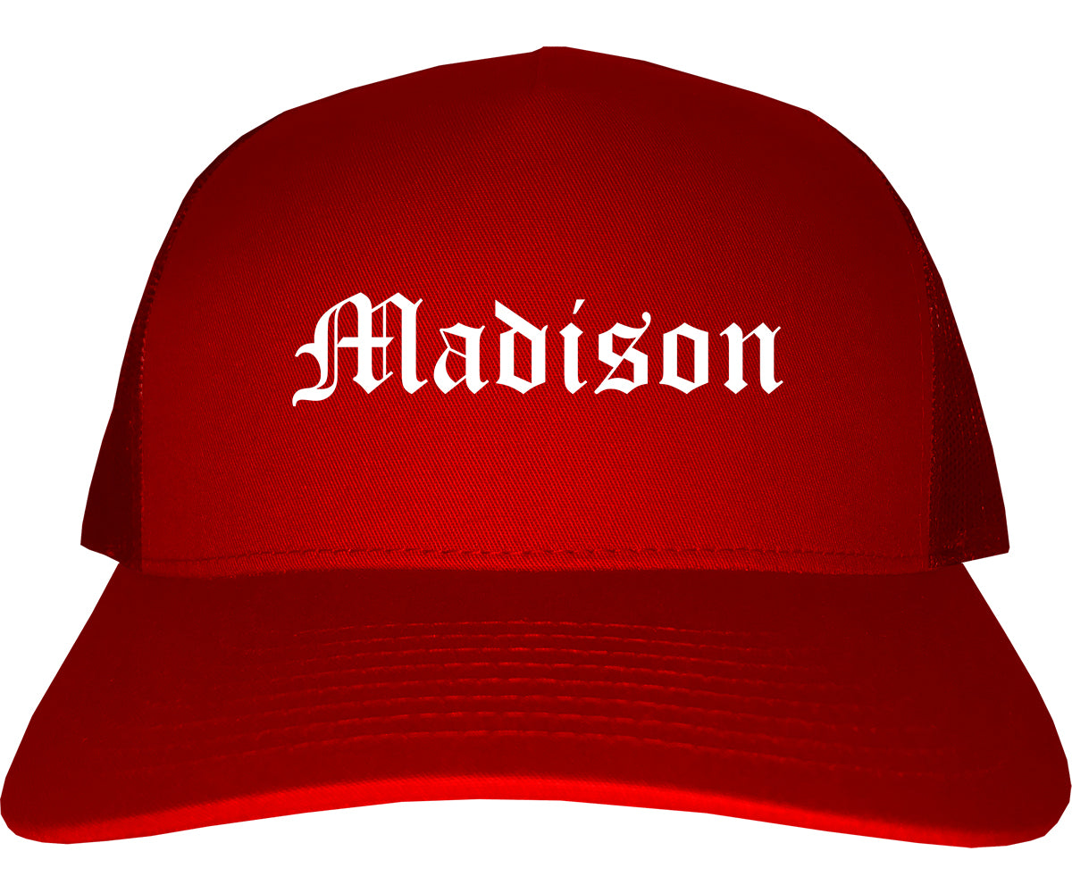 Madison Wisconsin WI Old English Mens Trucker Hat Cap Red