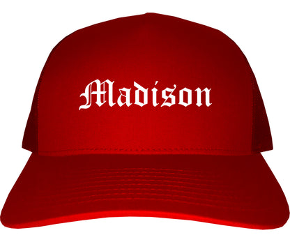 Madison Wisconsin WI Old English Mens Trucker Hat Cap Red