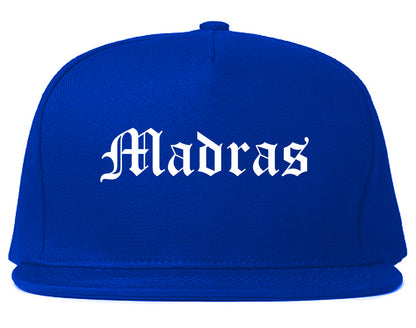 Madras Oregon OR Old English Mens Snapback Hat Royal Blue
