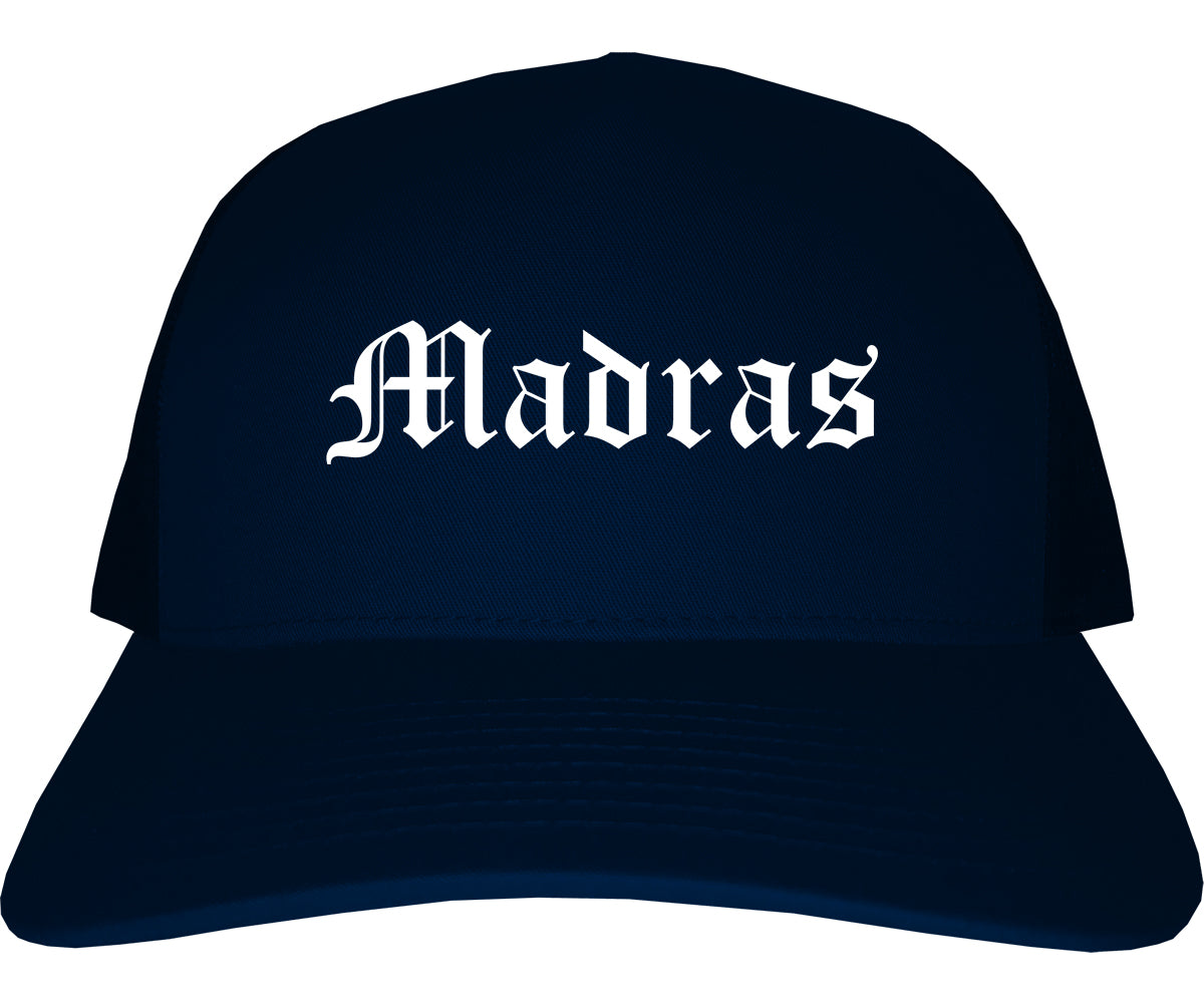 Madras Oregon OR Old English Mens Trucker Hat Cap Navy Blue