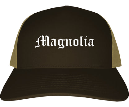 Magnolia Arkansas AR Old English Mens Trucker Hat Cap Brown