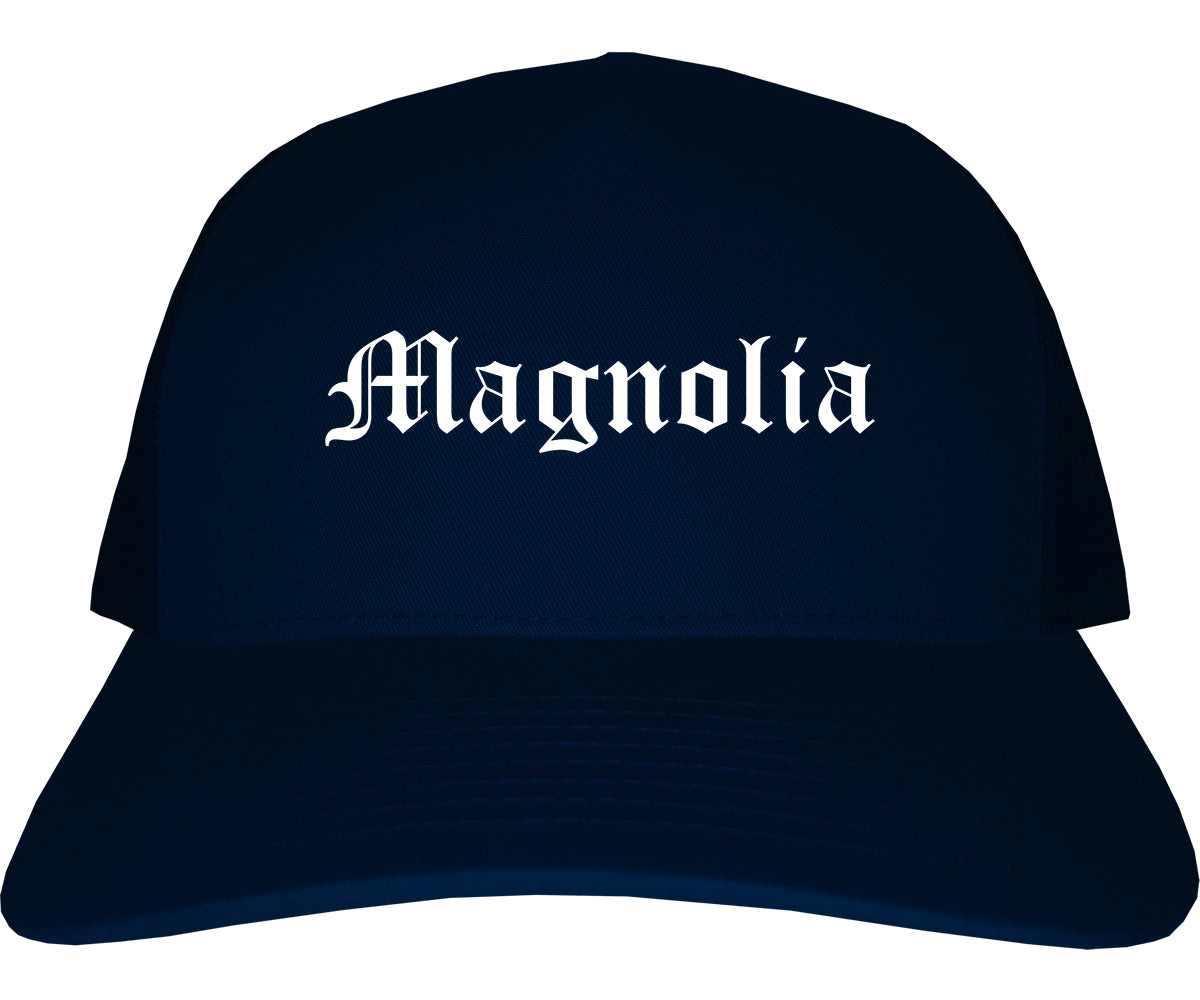 Magnolia Arkansas AR Old English Mens Trucker Hat Cap Navy Blue