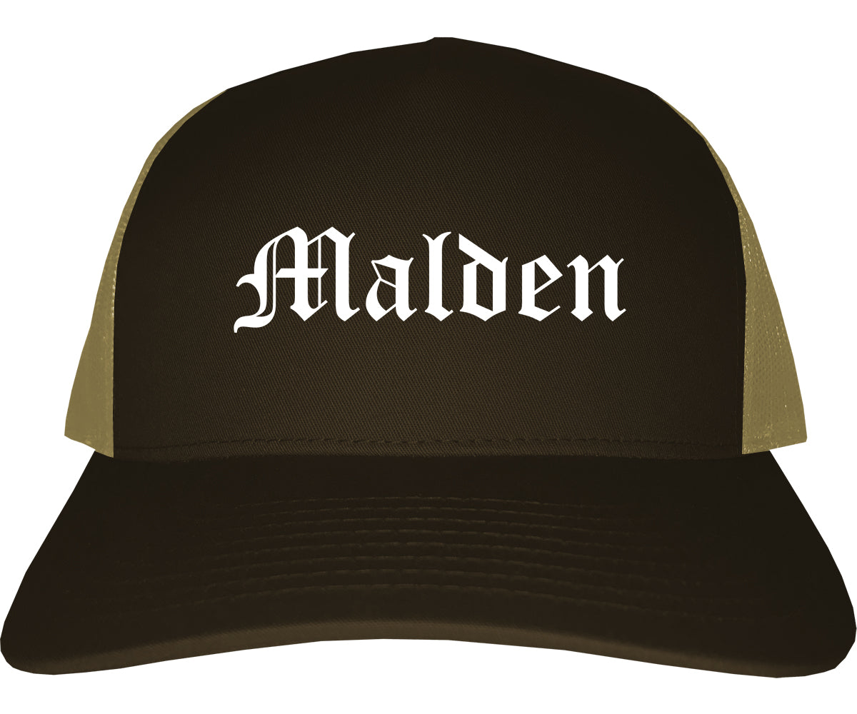 Malden Massachusetts MA Old English Mens Trucker Hat Cap Brown