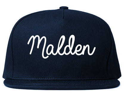 Malden Massachusetts MA Script Mens Snapback Hat Navy Blue