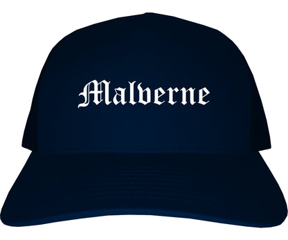 Malverne New York NY Old English Mens Trucker Hat Cap Navy Blue