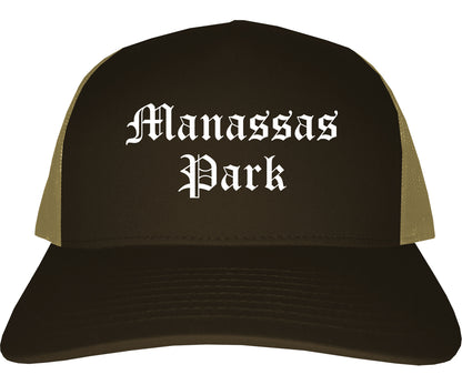Manassas Park Virginia VA Old English Mens Trucker Hat Cap Brown