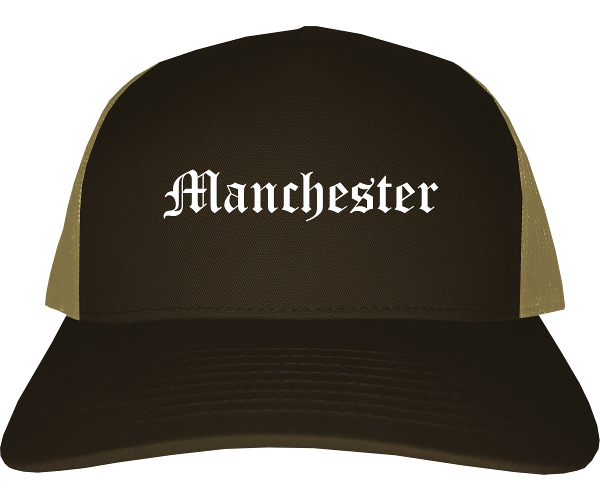 Manchester Iowa IA Old English Mens Trucker Hat Cap Brown