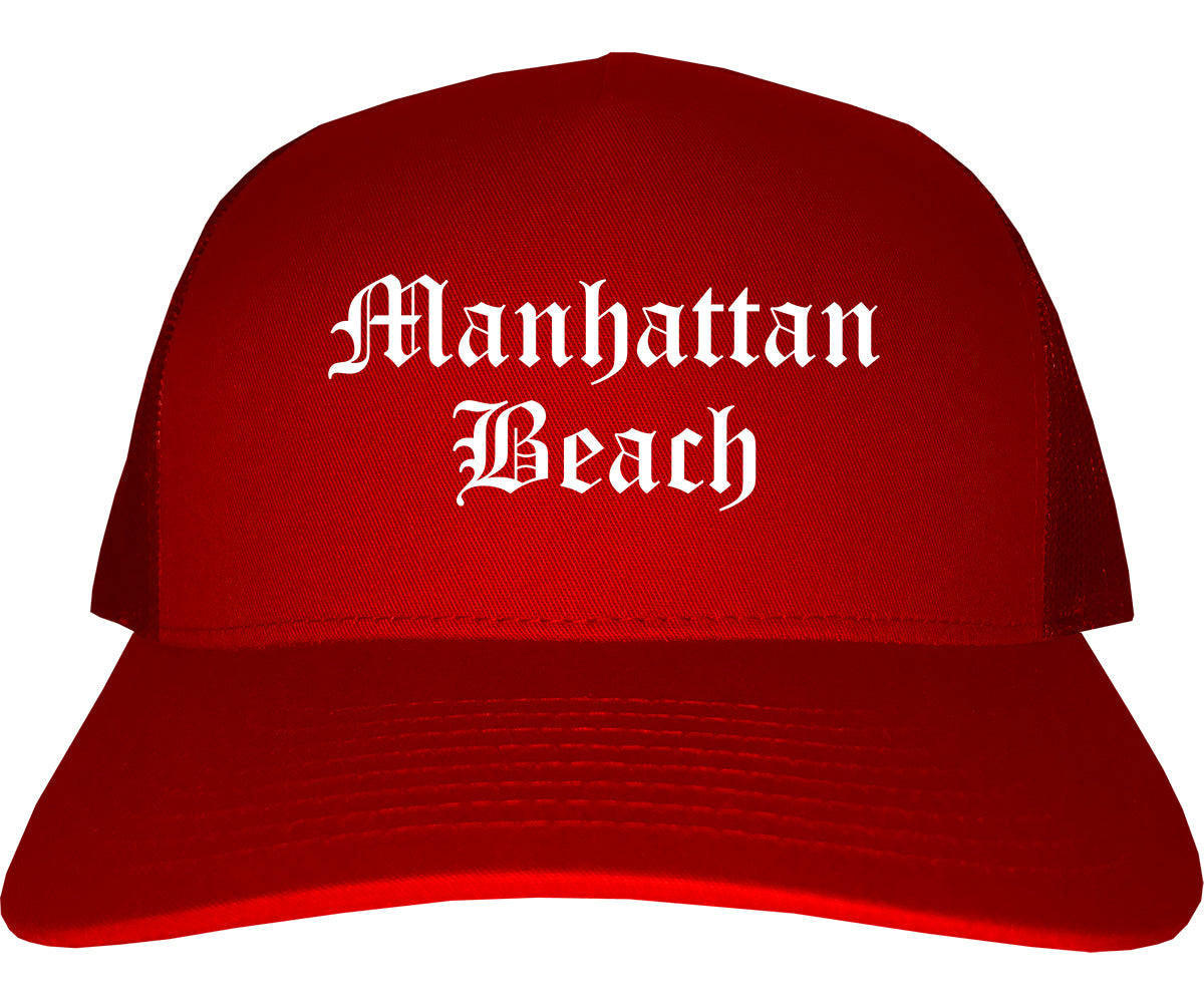 Manhattan Beach California CA Old English Mens Trucker Hat Cap Red