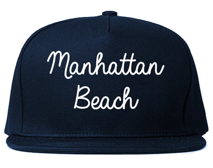 Manhattan Beach California CA Script Mens Snapback Hat Navy Blue