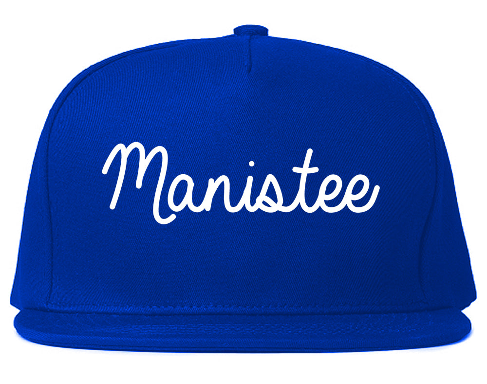 Manistee Michigan MI Script Mens Snapback Hat Royal Blue