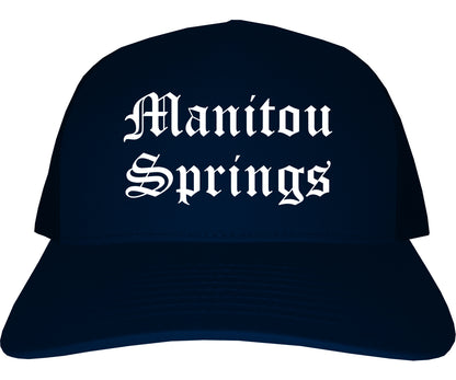 Manitou Springs Colorado CO Old English Mens Trucker Hat Cap Navy Blue