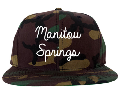 Manitou Springs Colorado CO Script Mens Snapback Hat Army Camo