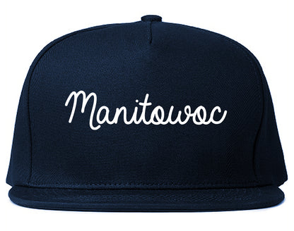 Manitowoc Wisconsin WI Script Mens Snapback Hat Navy Blue