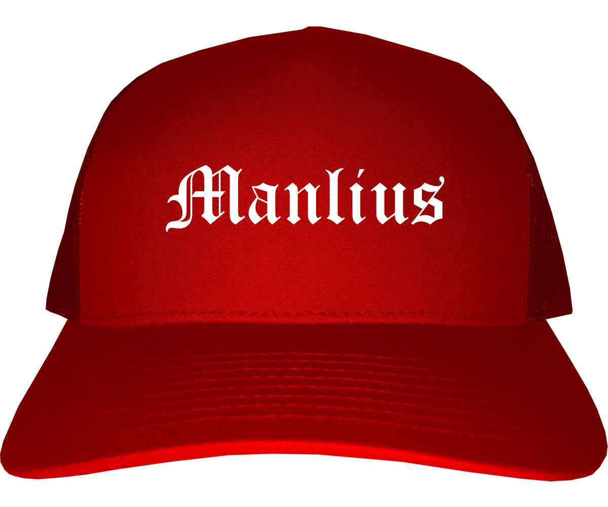 Manlius New York NY Old English Mens Trucker Hat Cap Red
