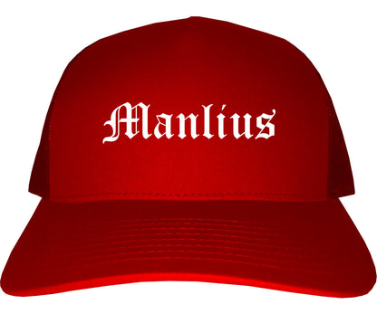 Manlius New York NY Old English Mens Trucker Hat Cap Red