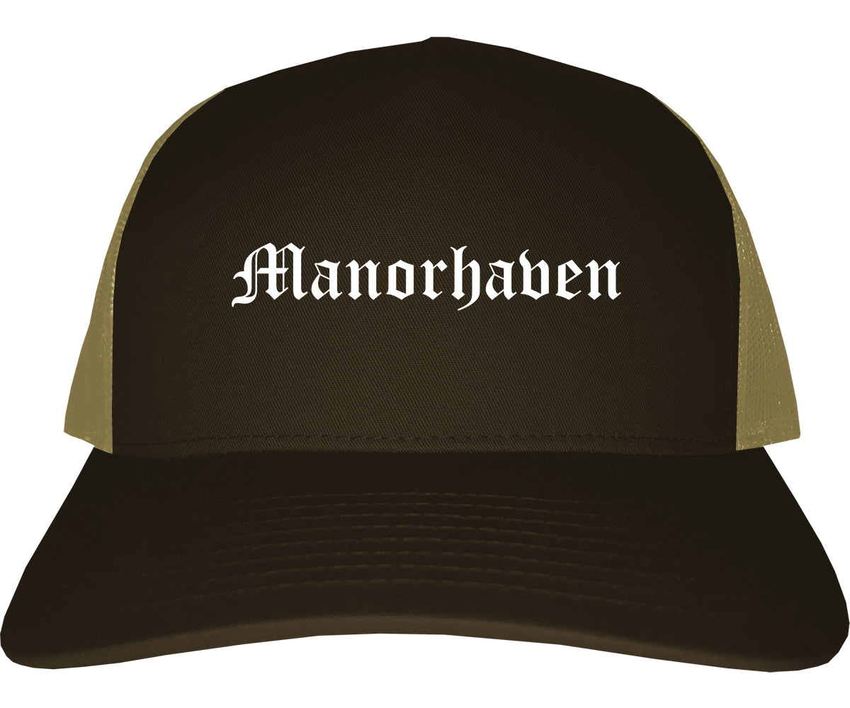 Manorhaven New York NY Old English Mens Trucker Hat Cap Brown