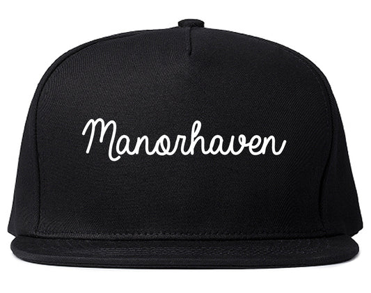 Manorhaven New York NY Script Mens Snapback Hat Black