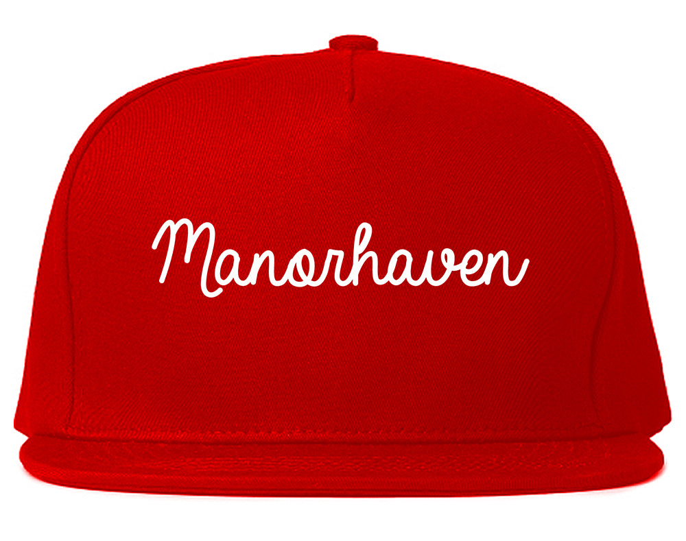 Manorhaven New York NY Script Mens Snapback Hat Red