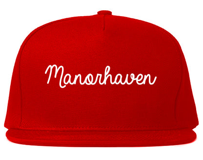 Manorhaven New York NY Script Mens Snapback Hat Red