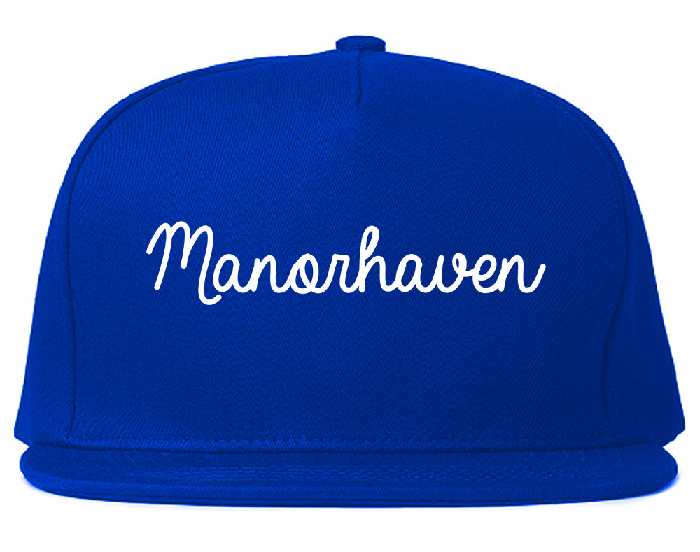Manorhaven New York NY Script Mens Snapback Hat Royal Blue