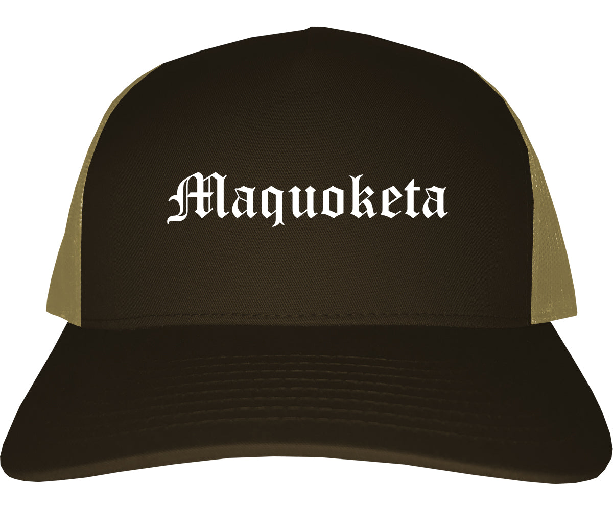 Maquoketa Iowa IA Old English Mens Trucker Hat Cap Brown