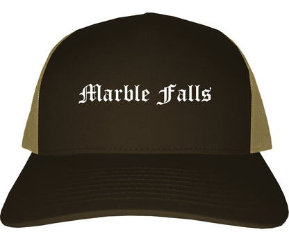 Marble Falls Texas TX Old English Mens Trucker Hat Cap Brown