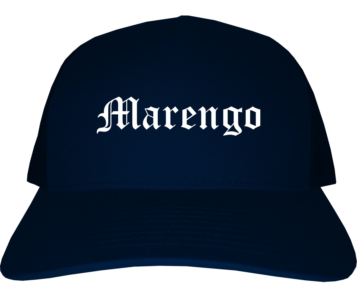 Marengo Illinois IL Old English Mens Trucker Hat Cap Navy Blue