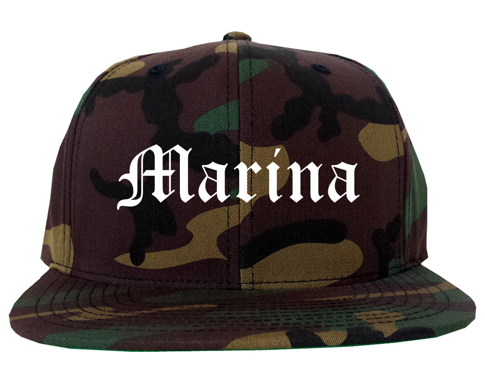 Marina California CA Old English Mens Snapback Hat Army Camo