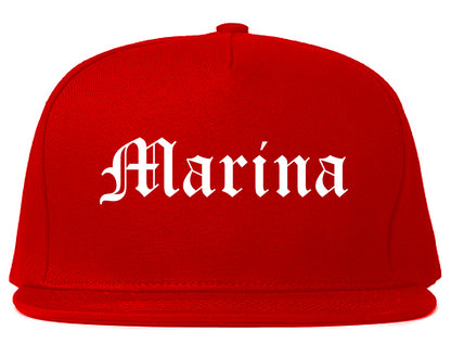 Marina California CA Old English Mens Snapback Hat Red