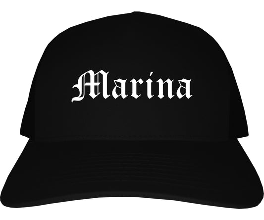 Marina California CA Old English Mens Trucker Hat Cap Black
