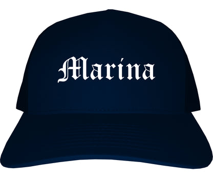 Marina California CA Old English Mens Trucker Hat Cap Navy Blue