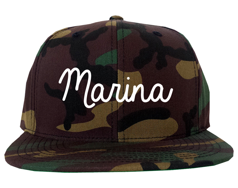 Marina California CA Script Mens Snapback Hat Army Camo