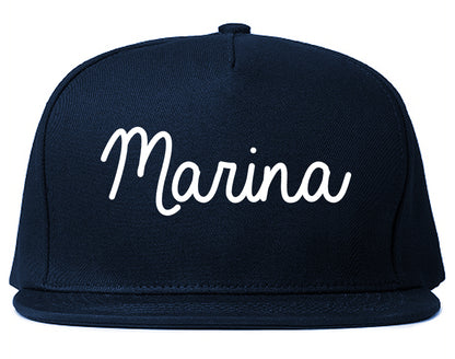 Marina California CA Script Mens Snapback Hat Navy Blue