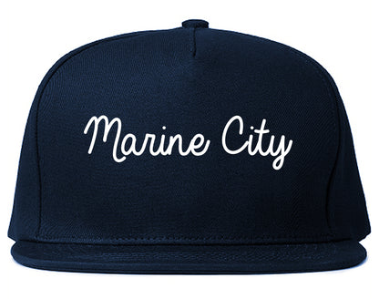 Marine City Michigan MI Script Mens Snapback Hat Navy Blue