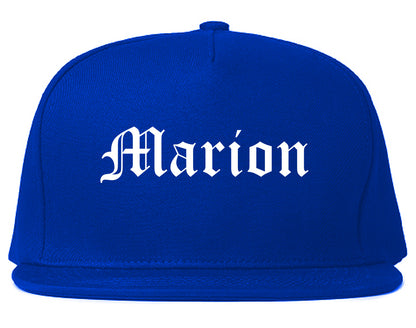 Marion Arkansas AR Old English Mens Snapback Hat Royal Blue