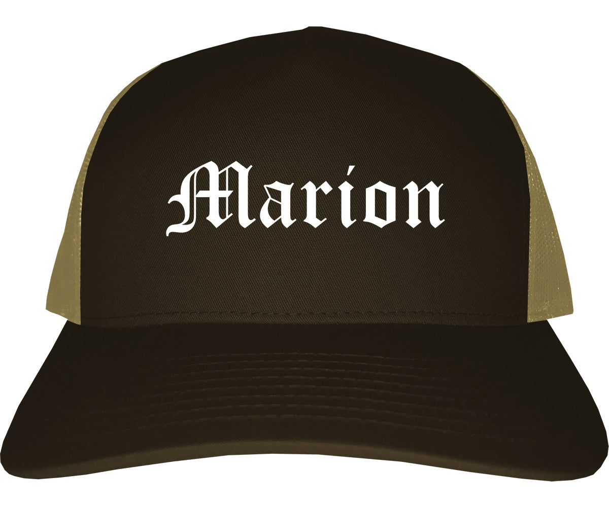 Marion Arkansas AR Old English Mens Trucker Hat Cap Brown