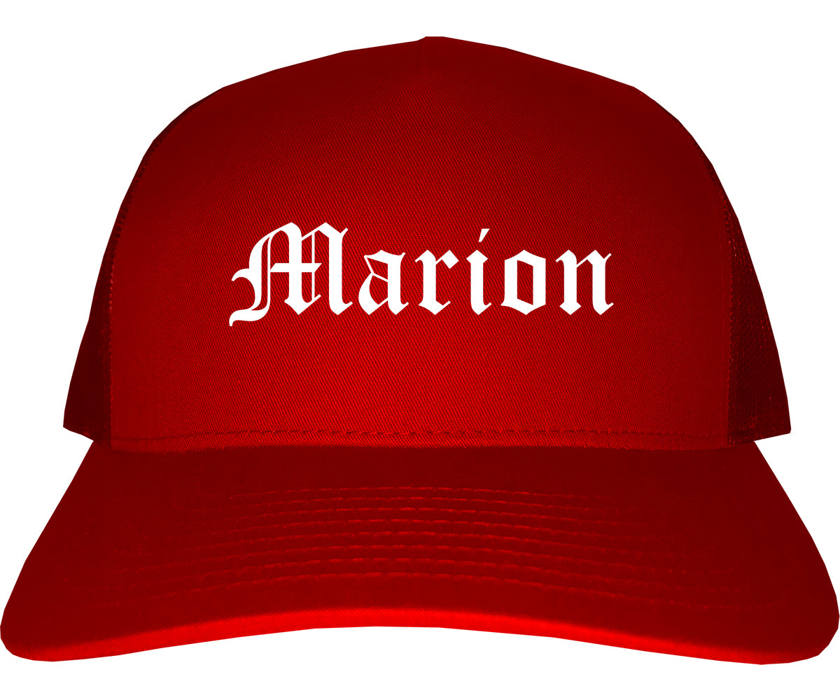Marion Arkansas AR Old English Mens Trucker Hat Cap Red