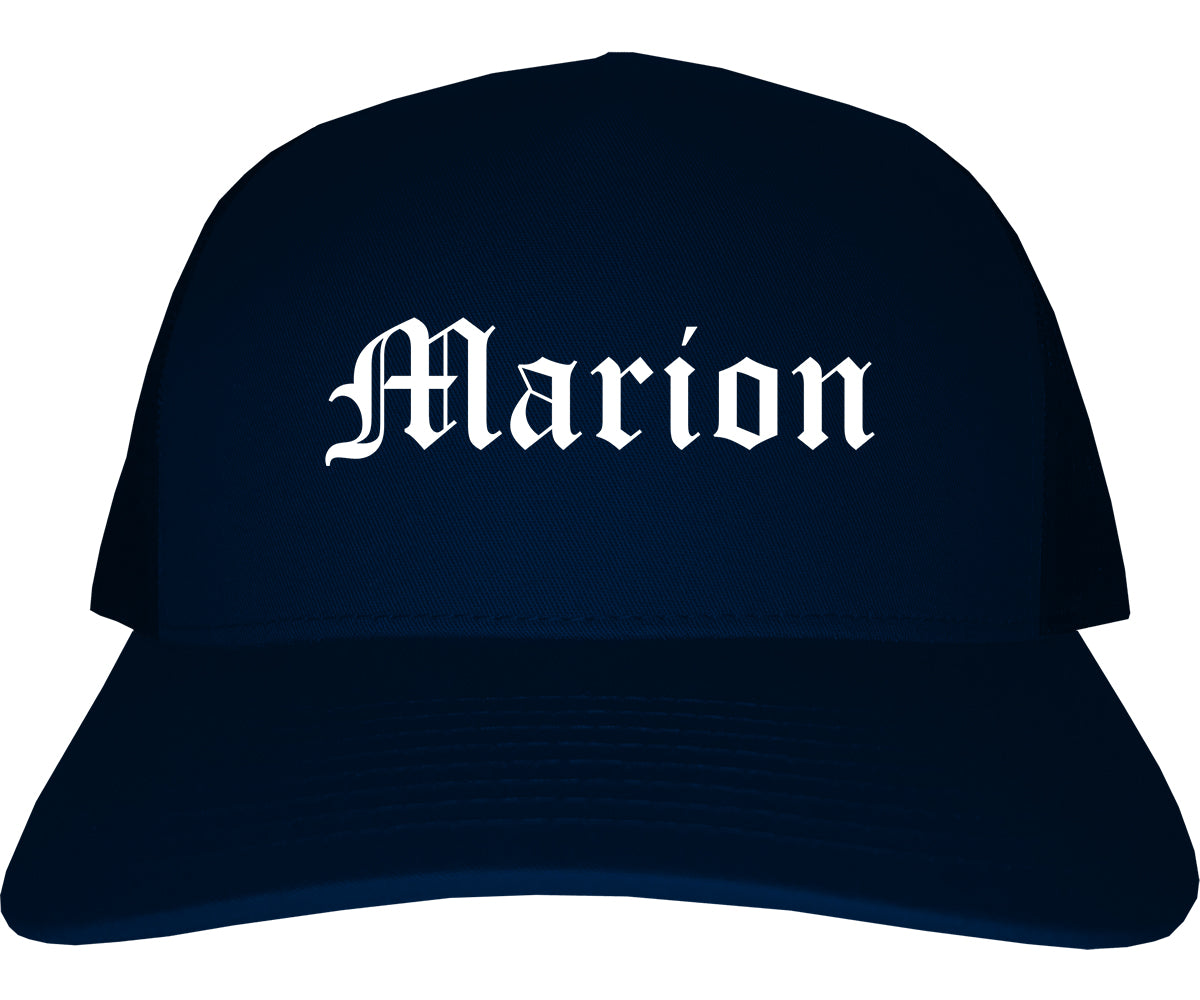 Marion Illinois IL Old English Mens Trucker Hat Cap Navy Blue