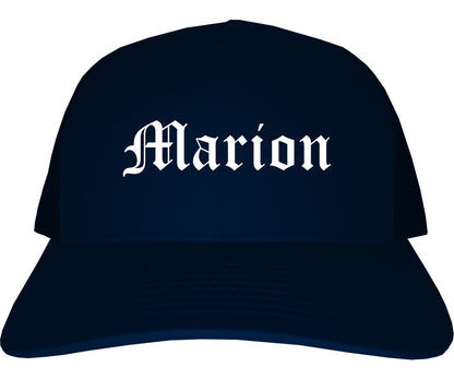 Marion Illinois IL Old English Mens Trucker Hat Cap Navy Blue
